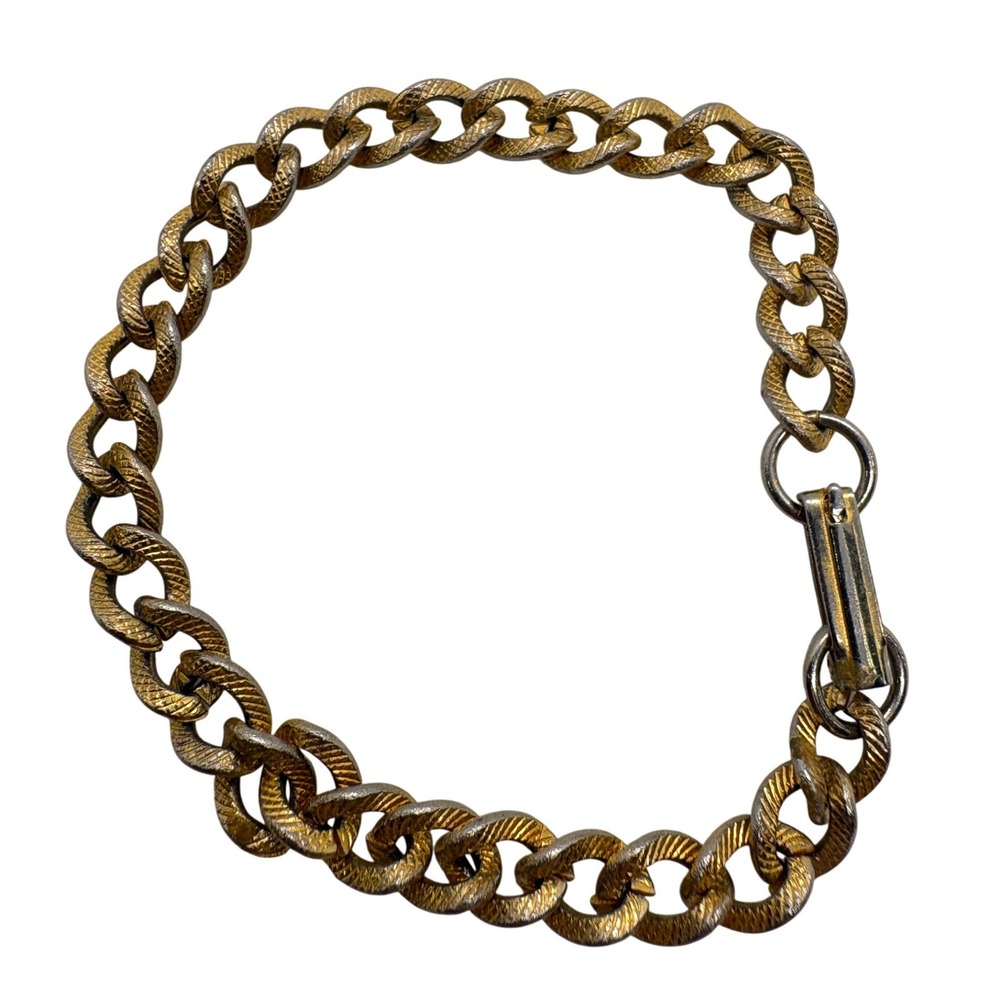 Vintage Gold Plated Textured Curb Link Charm Bracelet Fold Over Clasp 7 Inch